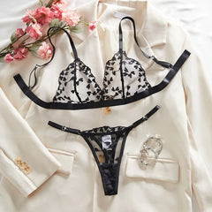 Western Black Heart Embroidery Pure See Through Triangle Cup Bras Erotic Seductive Underwear Lingerie Set