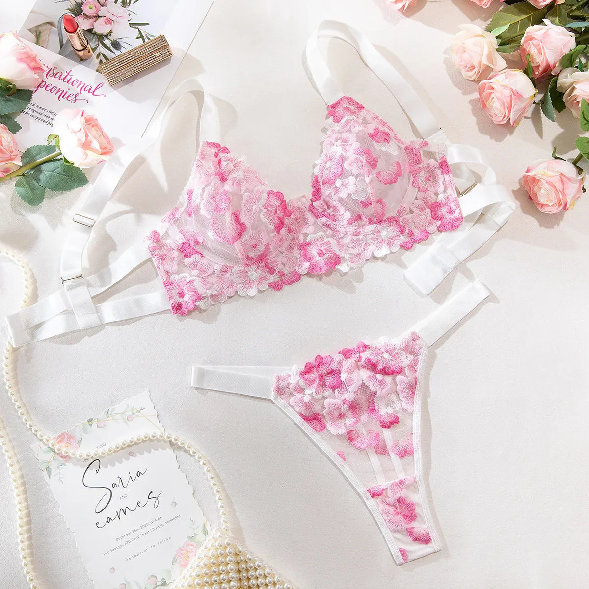 Western Pink Embroidered Low Cut Underwire See Through