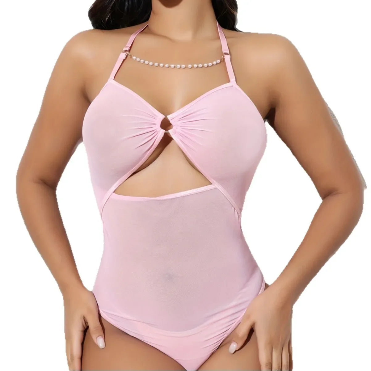 Western Pink Sheer Mesh See Through Halter Tight