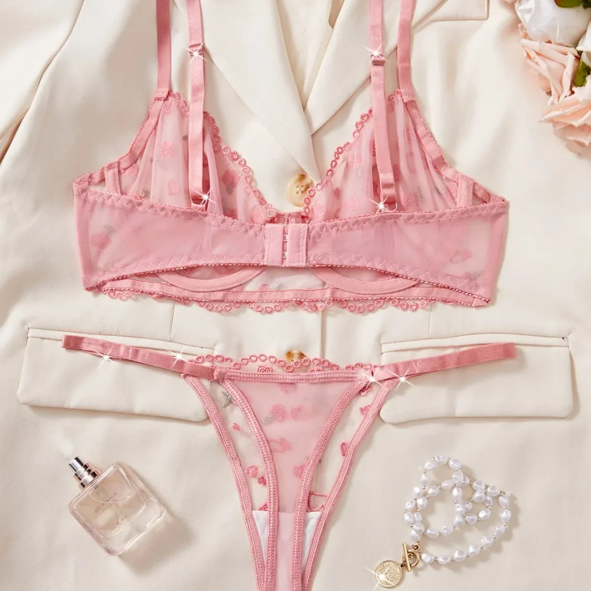 Western Mesh Floral Embroidery Ultra Thin See Through Bralette Panties Sheers Erotic Outfit Lingerie Set
