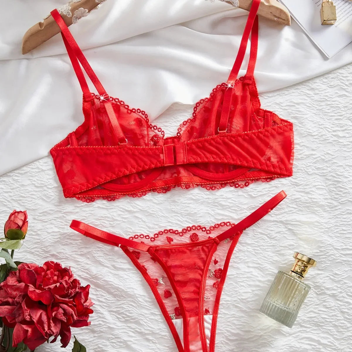 Western Mesh Floral Embroidery Ultra Thin See Through Bralette Panties Sheers Erotic Outfit Lingerie Set