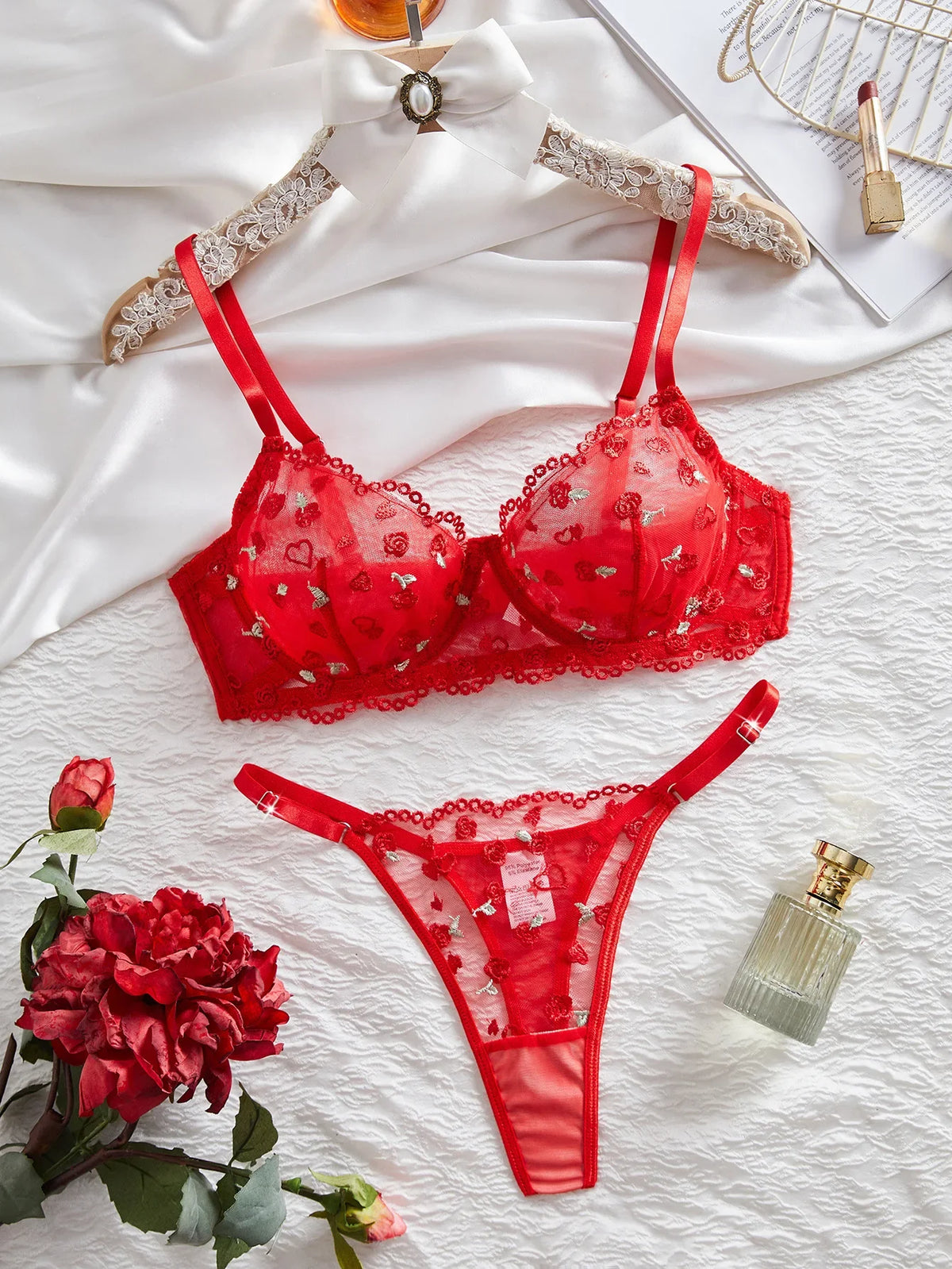 Western Mesh Floral Embroidery Ultra Thin See Through Bralette Panties Sheers Erotic Outfit Lingerie Set