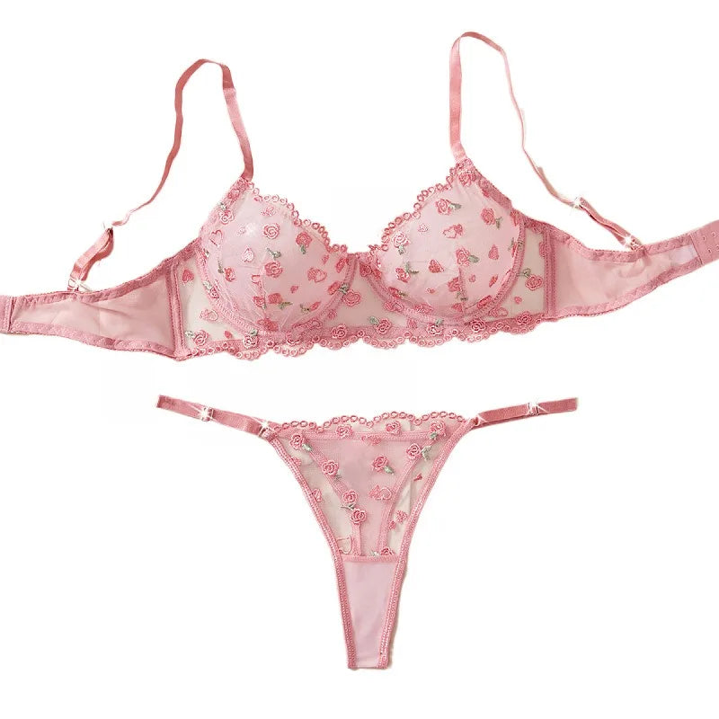 Western Mesh Floral Embroidery Ultra Thin See Through Bralette Panties Sheers Erotic Outfit Lingerie Set