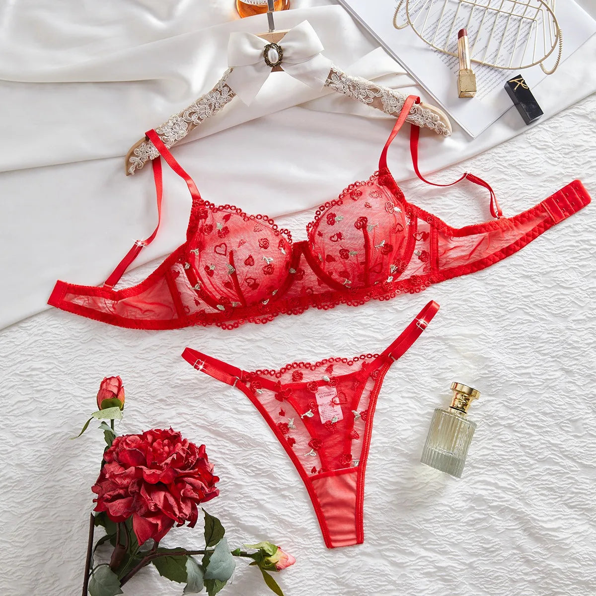 Western Mesh Floral Embroidery Ultra Thin See Through Bralette Panties Sheers Erotic Outfit Lingerie Set