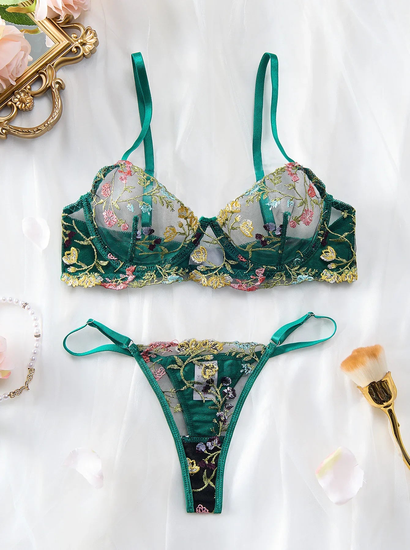 Western Small Floral Bra Thong See Through Underwears Erotic Seductives Lingerie Set