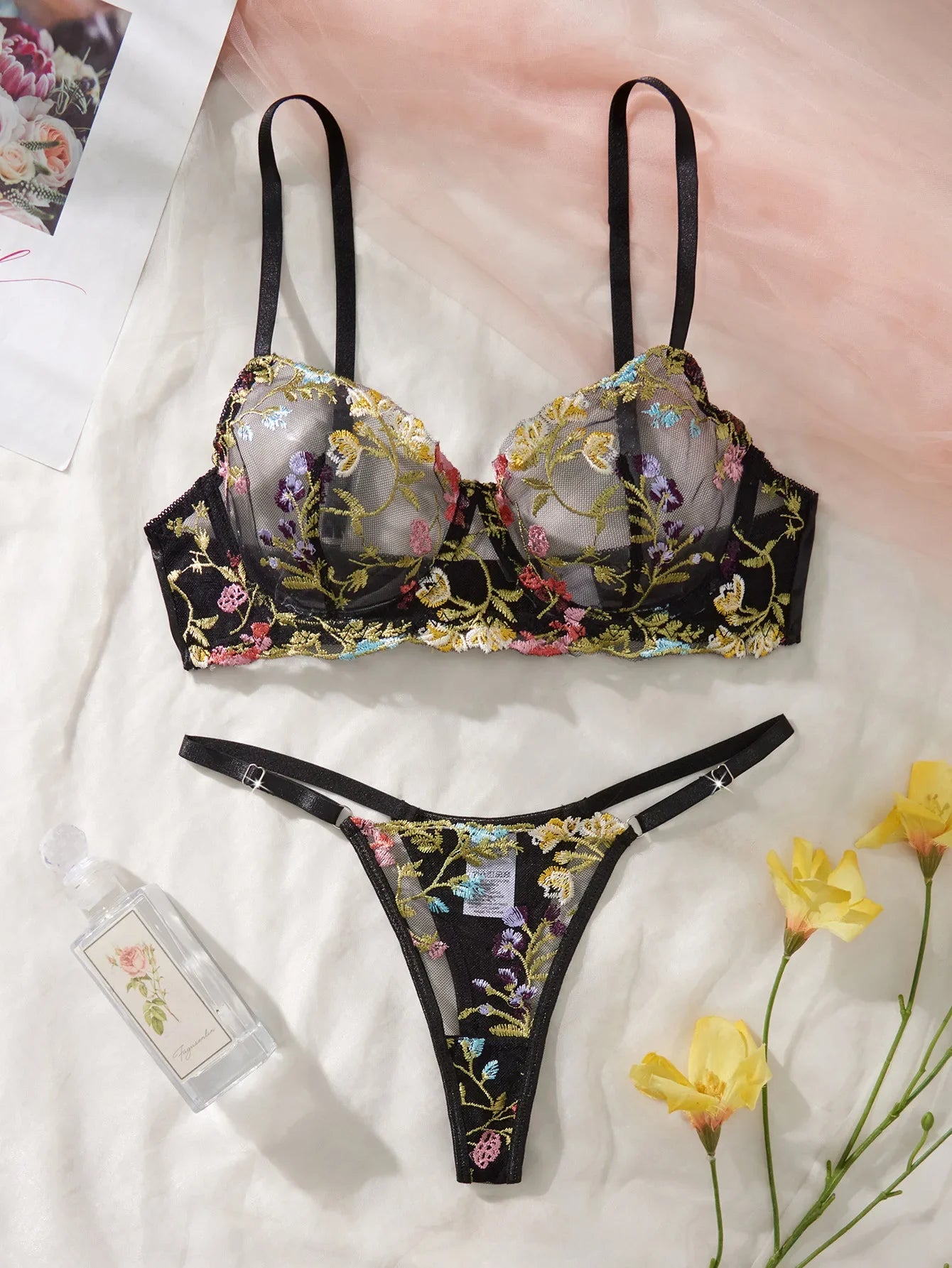 Western Small Floral Bra Thong See Through Underwears Erotic Seductives Lingerie Set