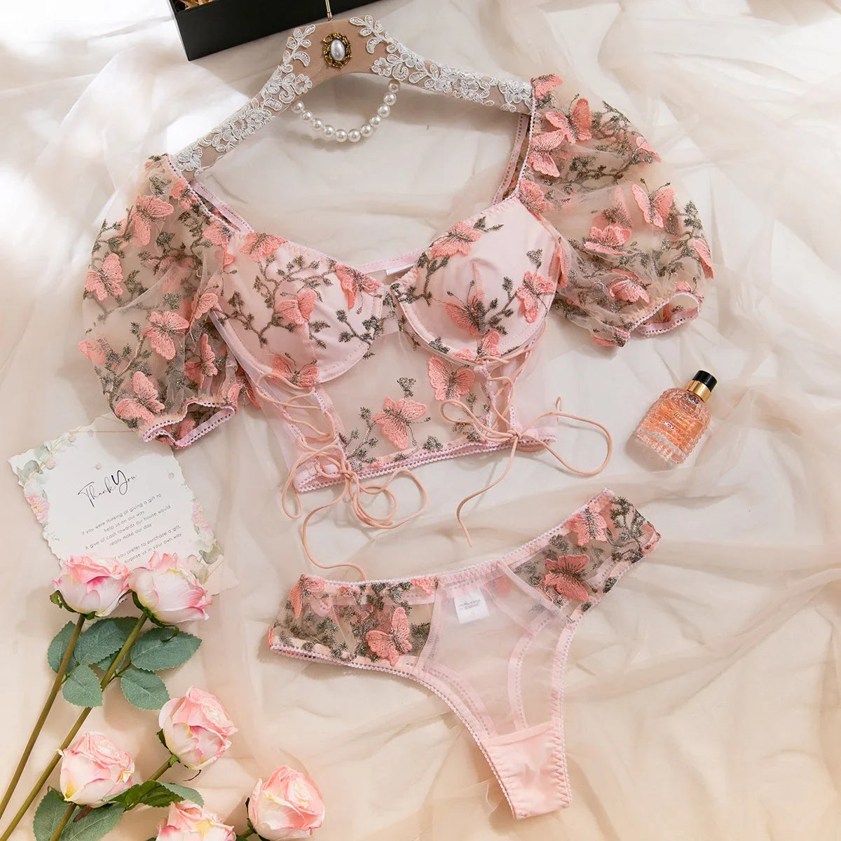 Western Pink Butterfly Embroidered Puff Sleeve See Through Crop