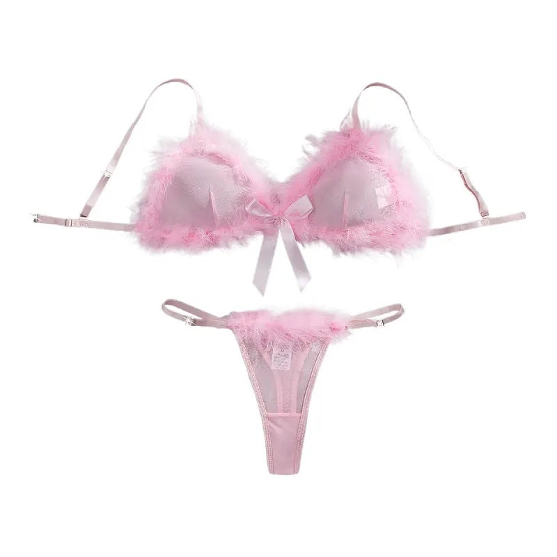 Western Pink Furry Sweet Pure See Through Bra Pantyss Plush Soft Gorgeous Charming Stunning Attractive Lingerie Set