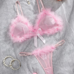 Western Pink Furry Sweet Pure See Through Bra Pantyss Plush Soft Gorgeous Charming Stunning Attractive Lingerie Set