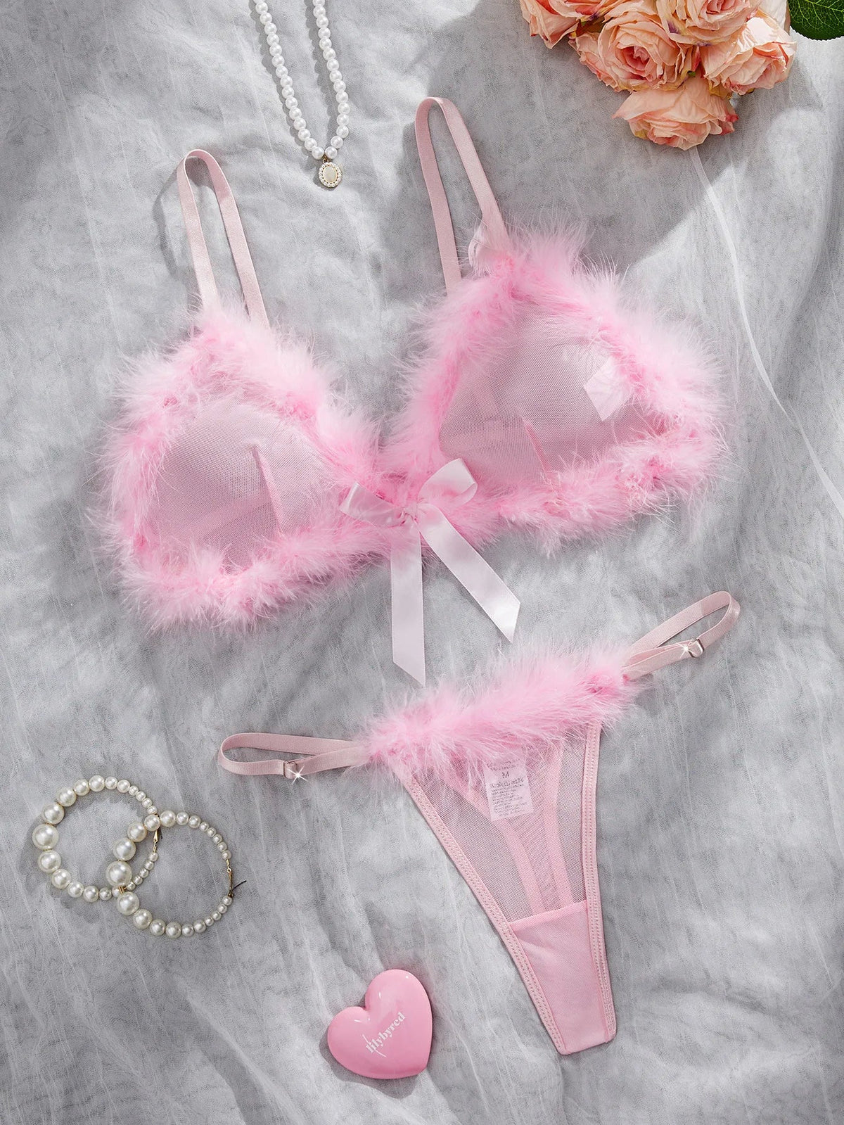 Western Pink Furry Sweet Pure See Through Bra Pantyss Plush Soft Gorgeous Charming Stunning Attractive Lingerie Set