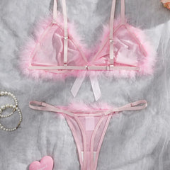 Western Pink Furry Sweet Pure See Through Bra Pantyss Plush Soft Gorgeous Charming Stunning Attractive Lingerie Set