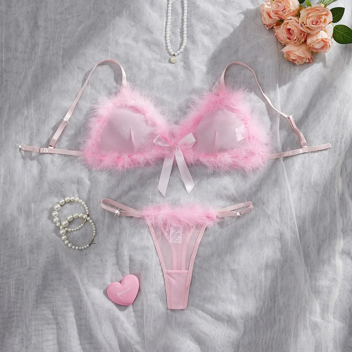 Western Pink Furry Sweet Pure See Through Bra Pantyss Plush Soft Gorgeous Charming Stunning Attractive Lingerie Set