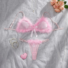 Western Pink Furry Sweet Pure See Through Bra Pantyss Plush Soft Gorgeous Charming Stunning Attractive Lingerie Set