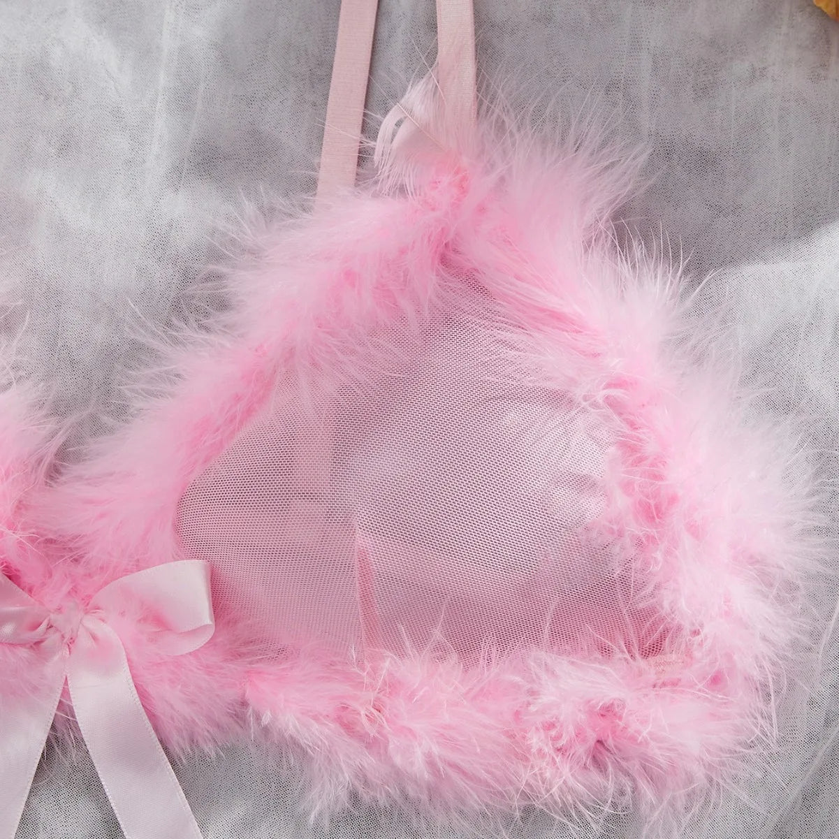 Western Pink Furry Sweet Pure See Through Bra Pantyss Plush Soft Gorgeous Charming Stunning Attractive Lingerie Set