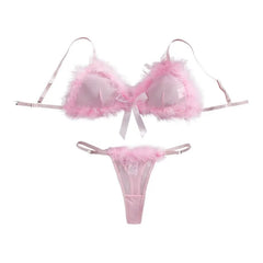 Western Pink Furry Sweet Pure See Through Bra Pantyss Plush Soft Gorgeous Charming Stunning Attractive Lingerie Set