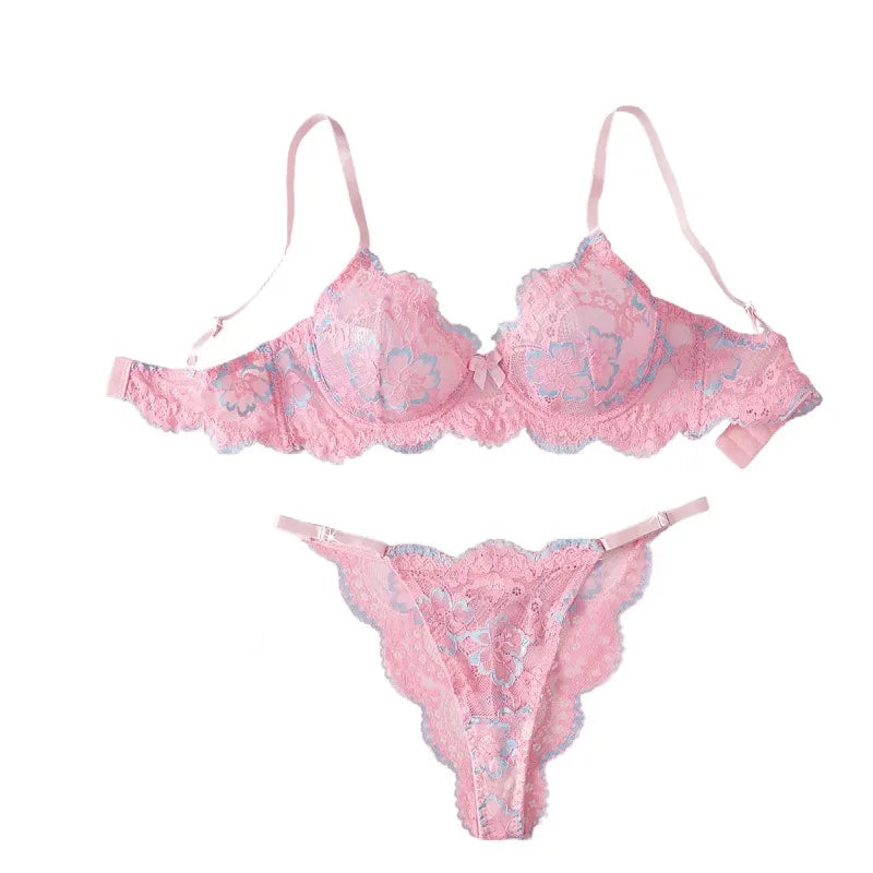 Western Pink Lace Printed Bra Thongs Sweet Pure Erotic Seductive Underwear Clothings Seductive Lingerie Set