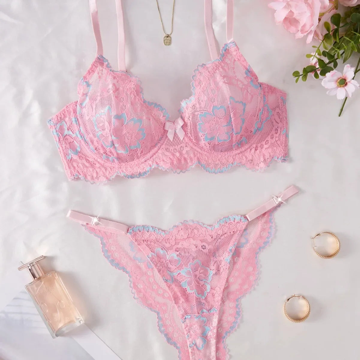 Western Pink Lace Printed Bra Thongs Sweet Pure Erotic Seductive Underwear Clothings Seductive Lingerie Set