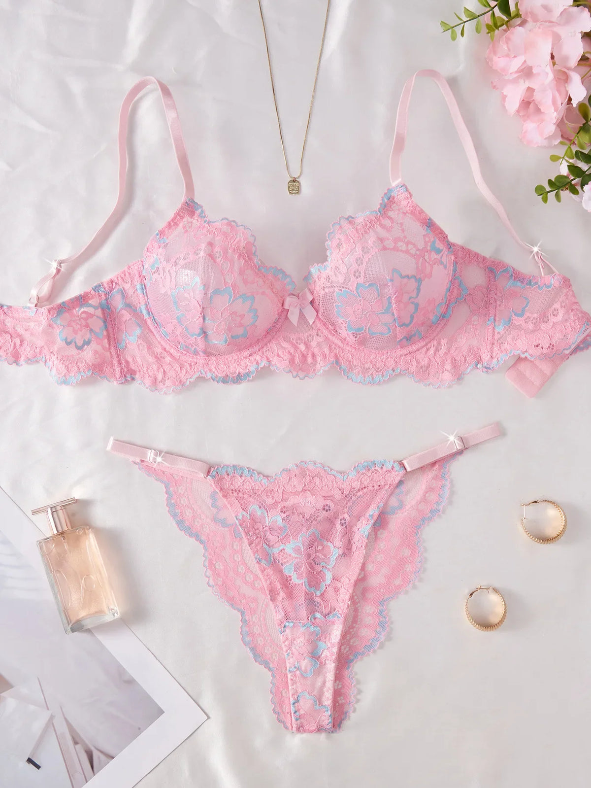Western Pink Lace Printed Bra Thongs Sweet Pure Erotic Seductive Underwear Clothings Seductive Lingerie Set