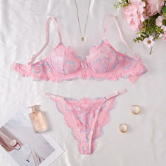 Western Pink Lace Printed Bra Thongs Sweet Pure Erotic Seductive Underwear Clothings Seductive Lingerie Set