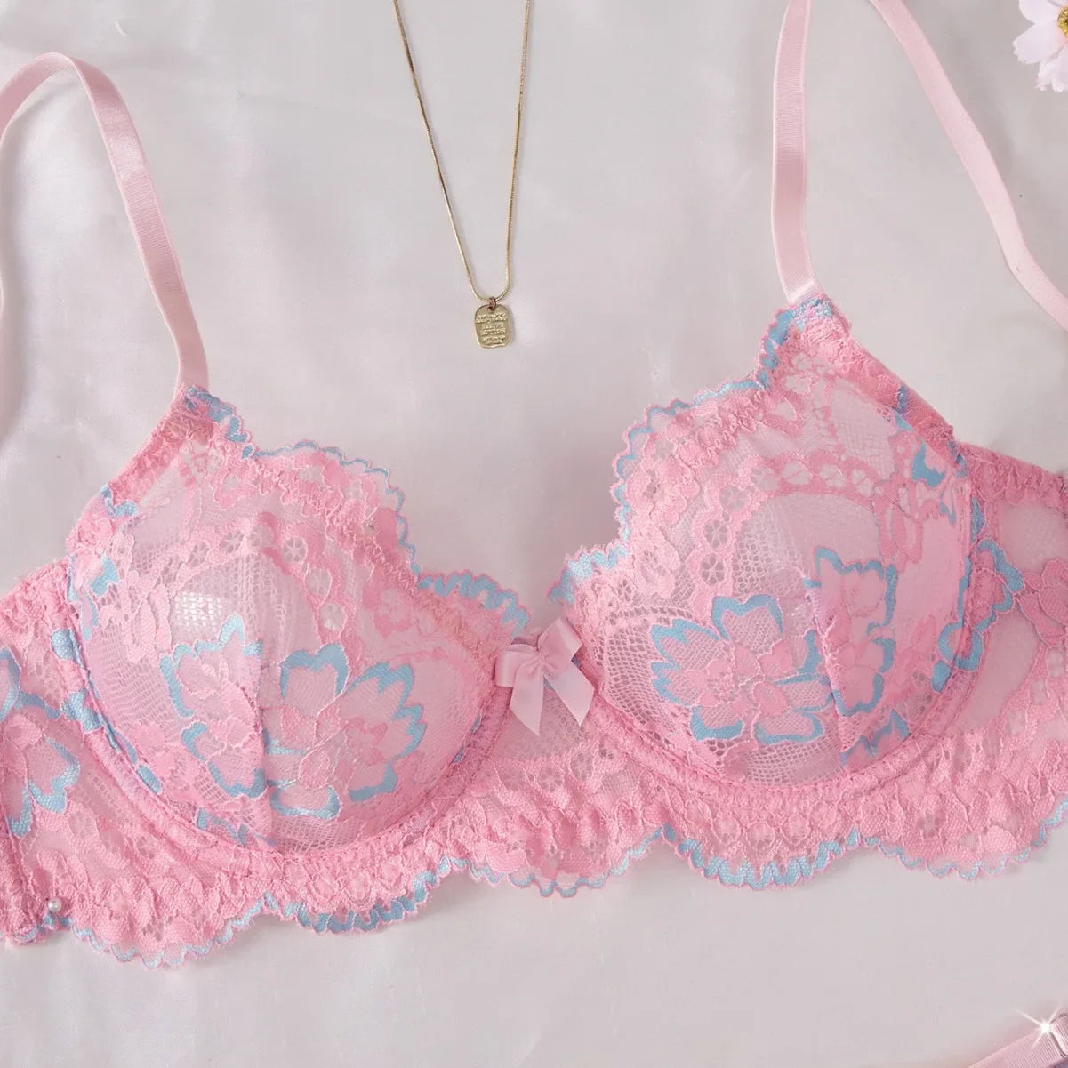 Western Pink Lace Printed Bra Thongs Sweet Pure Erotic Seductive Underwear Clothings Seductive Lingerie Set