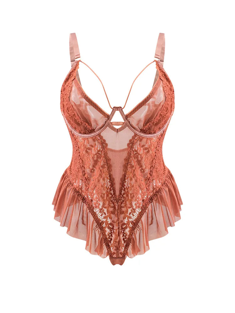 Western Plus Size Ruffle Waist Tightening Style Open Butt Spaghetti Strap Body Suits