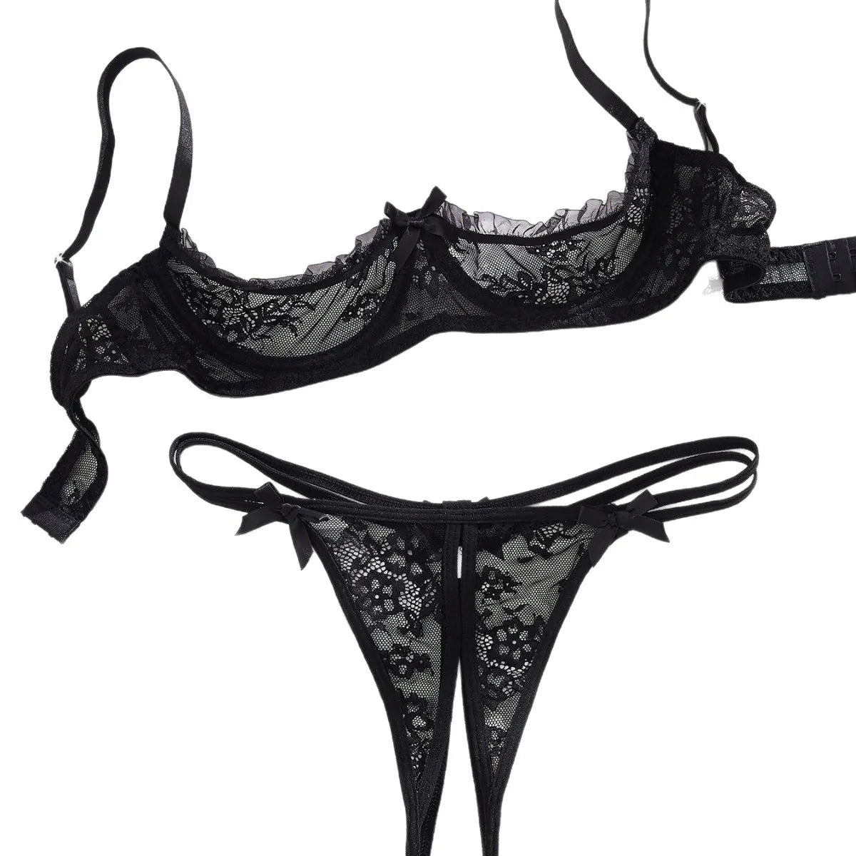 Western Quarter Cup Bra Lace Crotchless Open Panty See Through Erotic Suits
