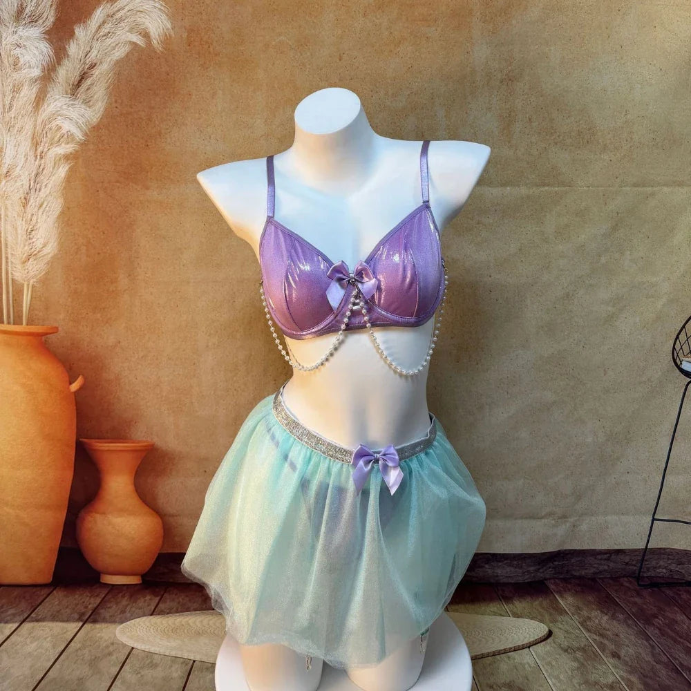 Western Bowknot Bead Chain Sling Sheer Mini Underwear Babydoll Nightgown Backless Cross Strap Mesh Dress Lingerie Set