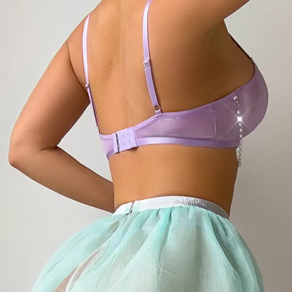 Western Bowknot Bead Chain Sling Sheer Mini Underwear Babydoll Nightgown Backless Cross Strap Mesh Dress Lingerie Set