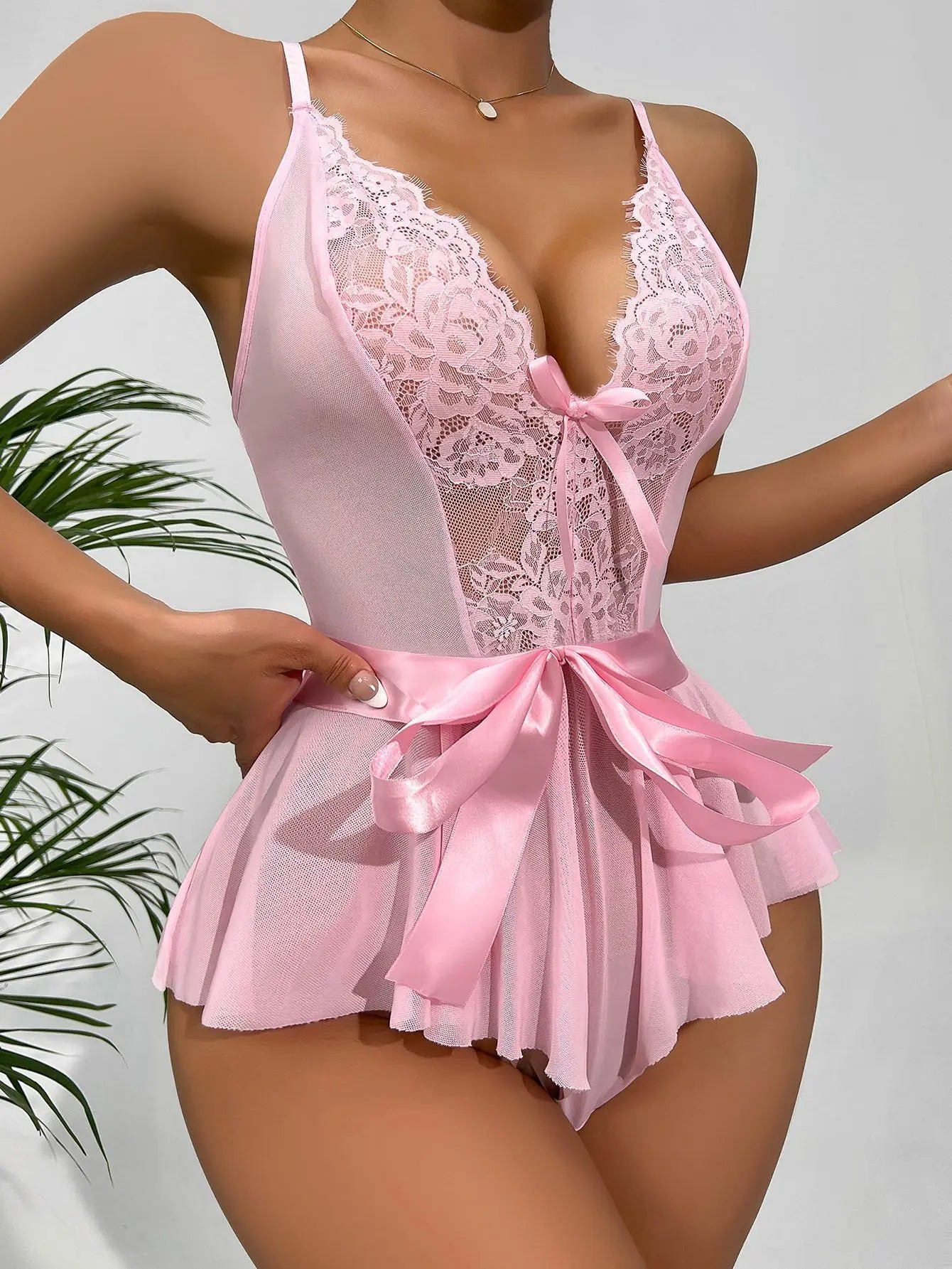 Western Bowknot Patchwork Lace Backless See Through Body Suits