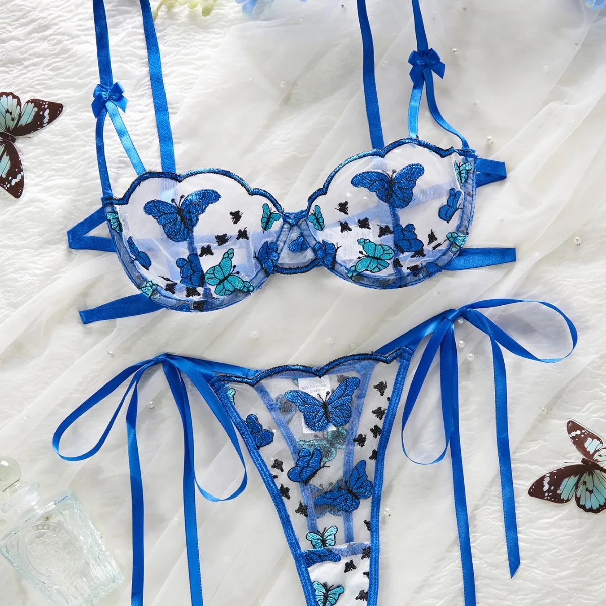 Western Butterfly Embroidery Pure Bra Lace Up Pantiess Erotic Seductive Underwear Clothings Lingerie Set
