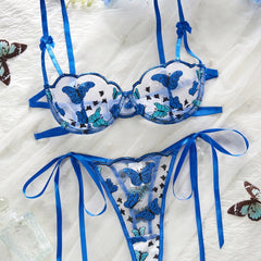 Western Butterfly Embroidery Pure Bra Lace Up Pantiess Erotic Seductive Underwear Clothings Lingerie Set