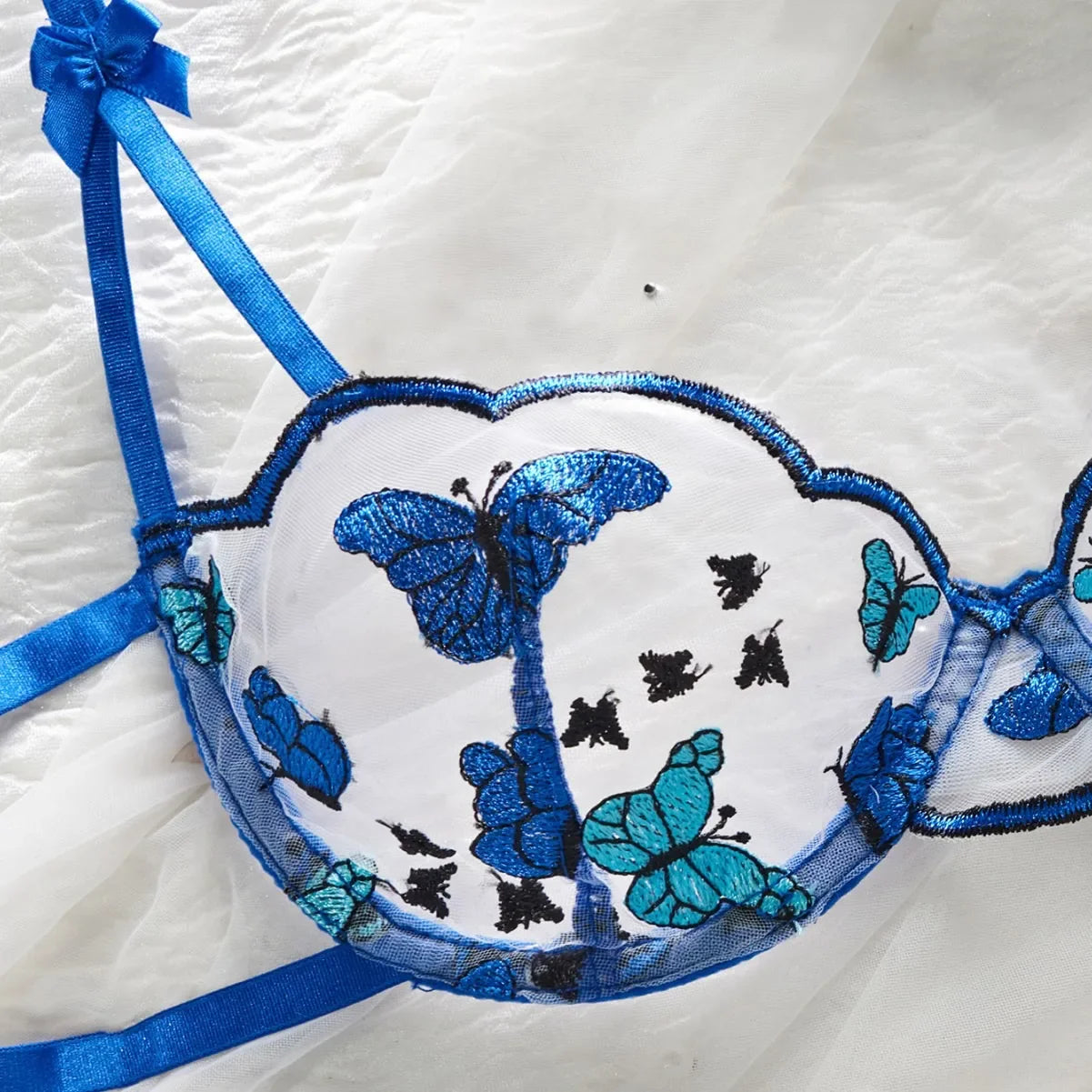 Western Butterfly Embroidery Pure Bra Lace Up Pantiess Erotic Seductive Underwear Clothings Lingerie Set