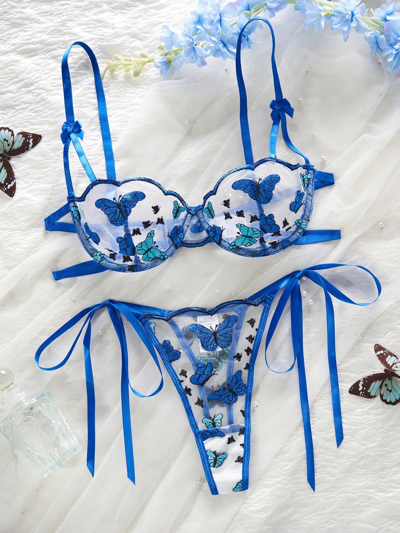 Western Butterfly Embroidery Pure Bra Lace Up Pantiess Erotic Seductive Underwear Clothings Lingerie Set
