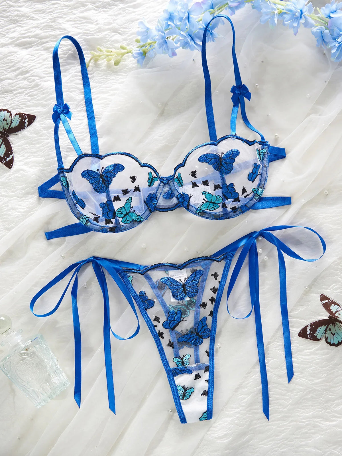 Western Butterfly Embroidery Pure Bra Lace Up Pantiess Erotic Seductive Underwear Clothings Lingerie Set