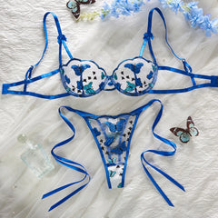 Western Butterfly Embroidery Pure Bra Lace Up Pantiess Erotic Seductive Underwear Clothings Lingerie Set