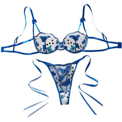 Western Butterfly Embroidery Pure Bra Lace Up Pantiess Erotic Seductive Underwear Clothings Lingerie Set