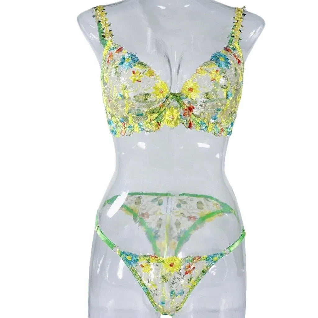 Western Floral Embroidery Slim Fit See Through Bras Erotic Seductive Underwear Clothings Lingerie Set
