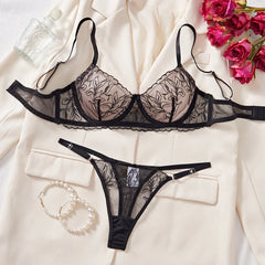 Western Hollow Out Mesh Floral Embroidery Bra Pure See Through Pantiess Erotic Seductive Clothings Lingerie Set