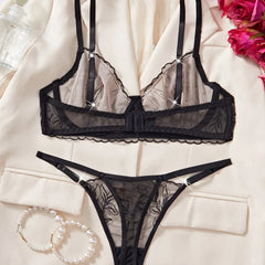 Western Hollow Out Mesh Floral Embroidery Bra Pure See Through Pantiess Erotic Seductive Clothings Lingerie Set