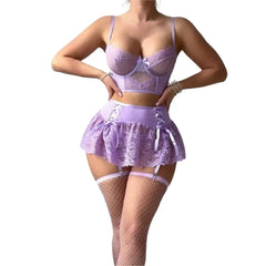 Western Lace Backless Bowknot Bow Ruffle Lace Trim Underwear Nightdress Nightshirt Nightgown Mesh Skirt Lingerie Set