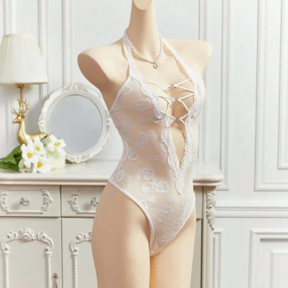 Western Lace Deep V Neck See Through Halter Cutout Body Suits