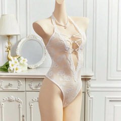 Western Lace Deep V Neck See Through Halter Cutout Body Suits