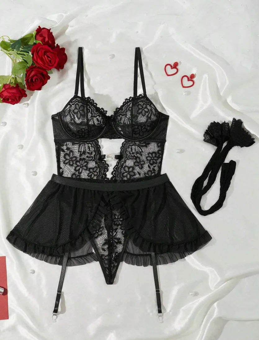 Western Lace Hollow Out See Through Puffy Babydoll Style Body Suits
