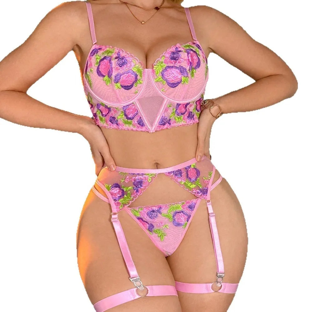 Western Lace Mesh See Through Embroidery Fringe Cross Strap Underwear Babydoll Underline Erotic Lingerie Set
