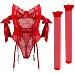 Western Lace Trim Bow Knot Hollow Out See Through Backless Body Suits