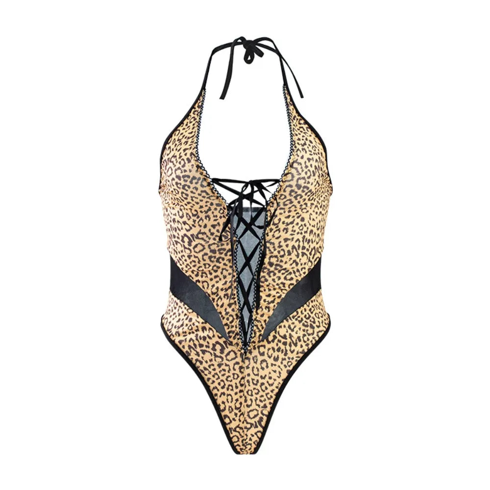 Western Leopard Print V Neck Strappy Backless Body Suits