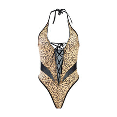 Western Leopard Print V Neck Strappy Backless Body Suits