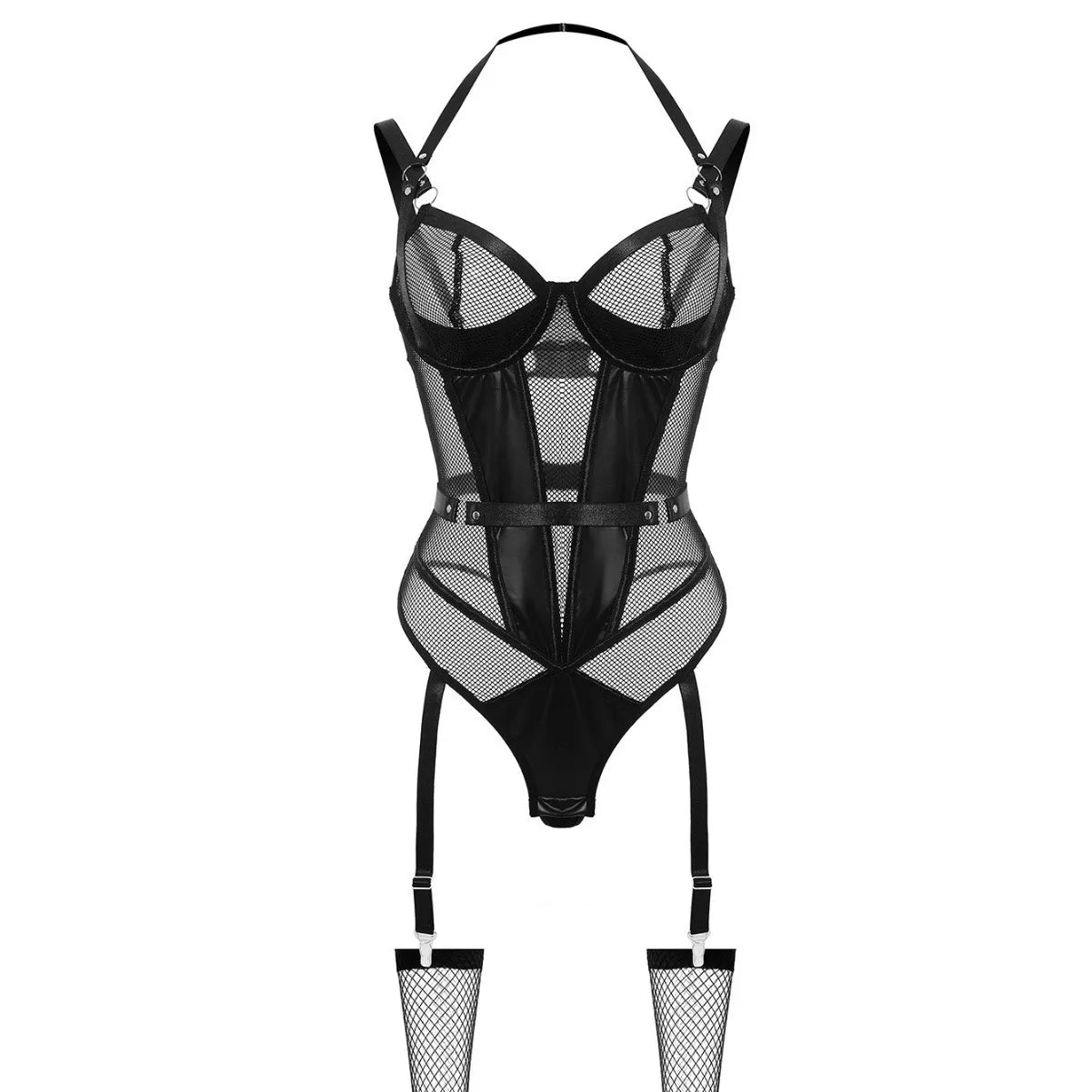 Western PU Leather Criss Cross See Through Body Suits