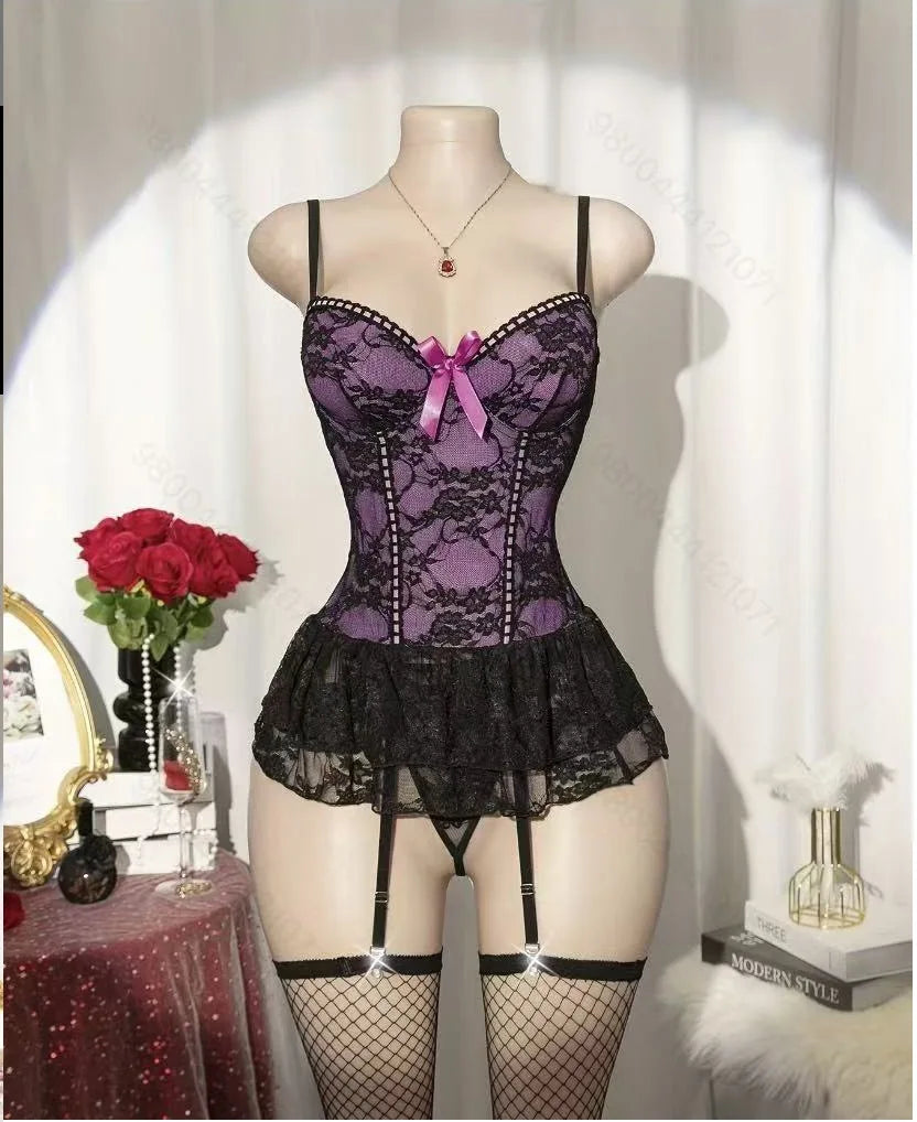 Western Party Lace Patchwork Splicing Backless Teddy Underwear Clubwear Lingerie Set