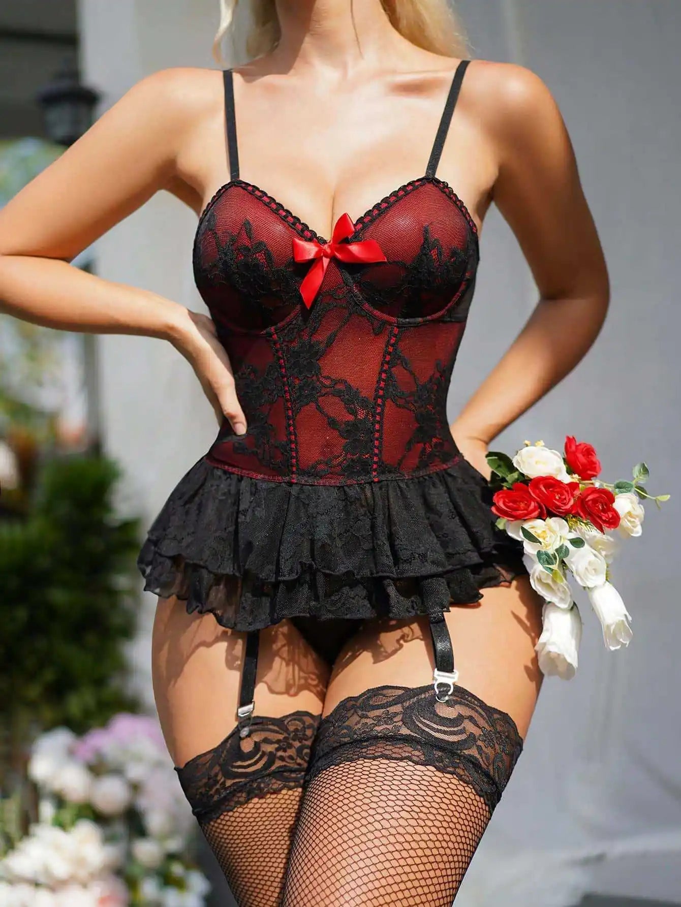 Western Party Lace Patchwork Splicing Backless Teddy Underwear Clubwear Lingerie Set